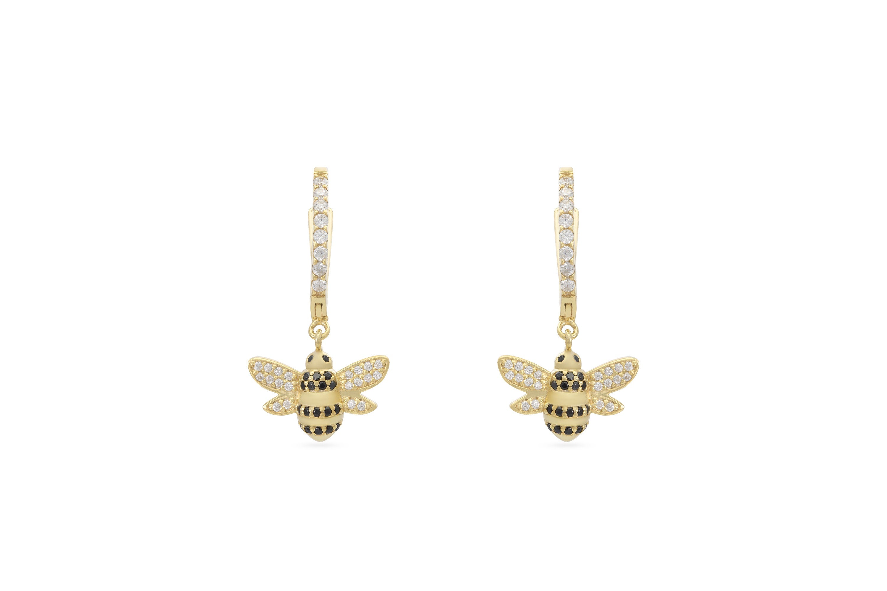 Honey Bee Hoop Earrings, 18K Gold Black Diamond Hoop Earrings, Dangle Hoop Earrings, Bridesmaid Gift, Animal Hoops